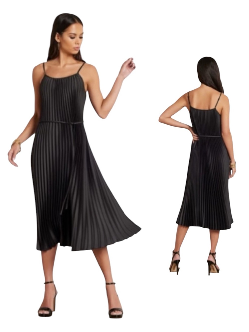 NWT $138 Sam Edelman Black Satin Plisse Spaghetti-Strap Midi Dress Waist Tie